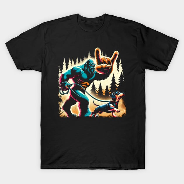 Bigfoot Walking Dachshunds Dreams, Stylish Tee for Dog Devotees T-Shirt by Gamma-Mage